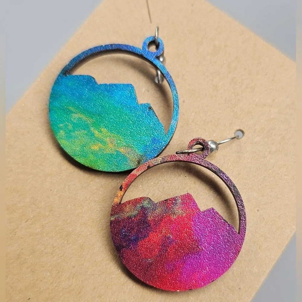 Hand Painted Sunset Mountain Trees Laser Cut Wood Dangle Earrings Round 1" - Picture 4 of 7